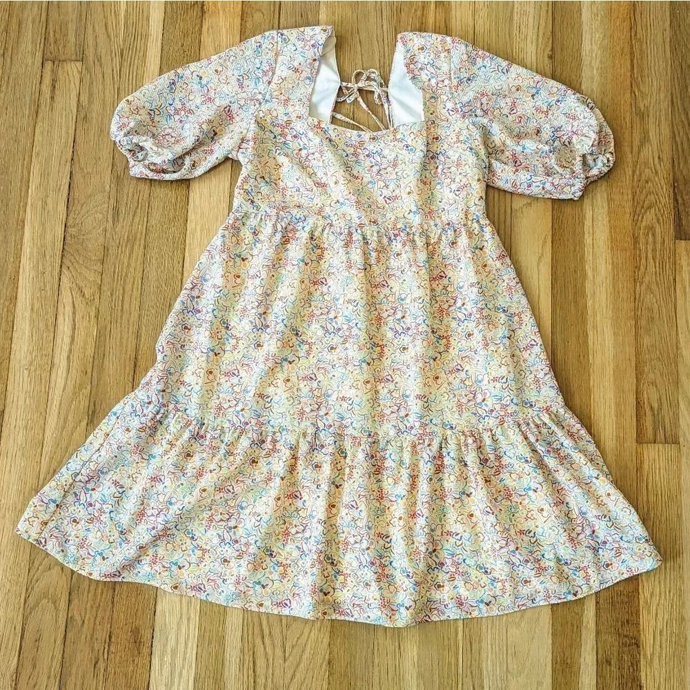 BCBGeneration Puff Sleeve square neck floral tiered dress